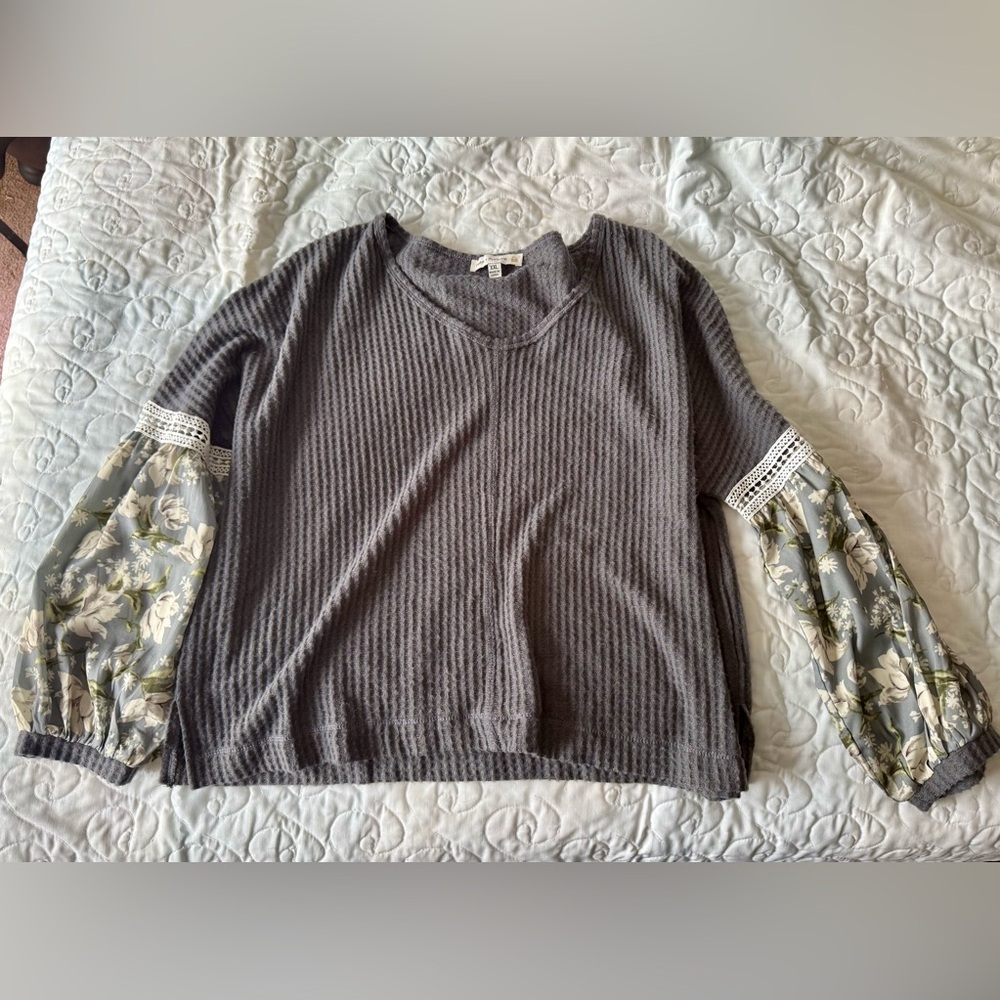 Gray Waffle Knit Top with Floral Sleeves